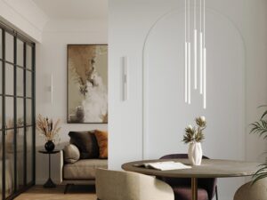 Miniatura 13 - Bílé závěsné LED svítidlo v aranžmá moderní jídelny