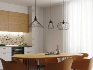 Miniatura 5 - Jídelna s kovovými loftovými lampami nad stolem