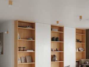 Miniatura 6 - Moderní obývací pokoj s bílými stěnami a dřevěnou lampou