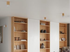 Miniatura 3 - Světlý obývací pokoj s dřevěnými regály a kulovou lampou