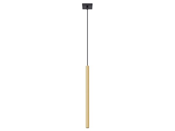 Tubová lampa ve zlaté barvě s černou stropní základnou