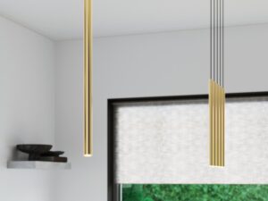 Miniatura 5 - Zlaté závěsné lampy tubusové v elegantní kuchyně nad ostrůvkem