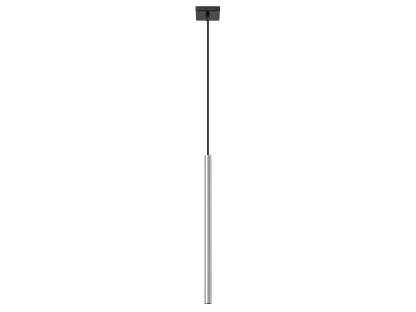 Závěsná lampa s černou stropní základnou a kovovou tubou