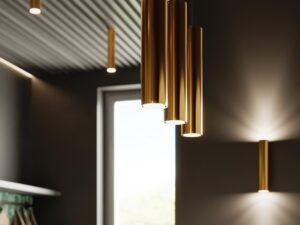 Miniatura 5 - Detail na klosze tří závěsných lamp v barvě zlatým
