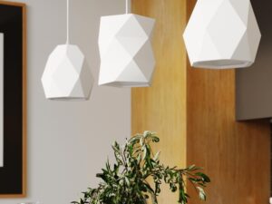 Miniatura 5 - Geometrické bílé závěsné lampy nad ostrůvkem kuchyňskou, moderní styl
