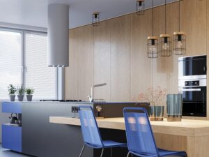 Miniatura 6 - Moderní kuchyně s dřevěnou vestavbou a industriálními lampami