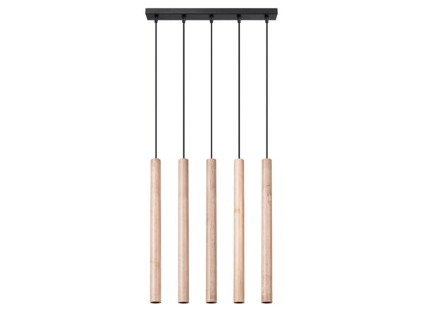 Designová lampa z dřevěnými cylindrami a černou stropní krytkou