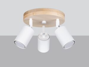 Miniatura 1 - Stropní lampa se třemi bílými reflektory na kulaté podstawie ze dřeva