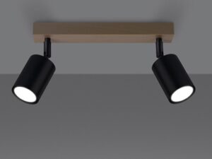 Miniatura 3 - Stropní lampa se dvěma černými reflektory a dřevěnou základnou