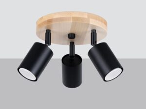 Miniatura 5 - Moderní lampa se třemi černými reflektory na kulaté dřevěné podstawie