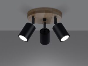 Miniatura 6 - Stropní lampa se třemi černými reflektory a dřevěnou základnou do loftu