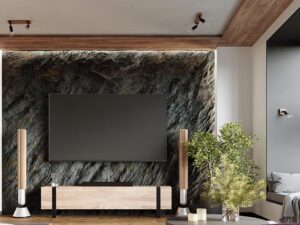 Miniatura 4 - Obývací pokoj s moderní TV stěnou a minimalistickým svítidlem