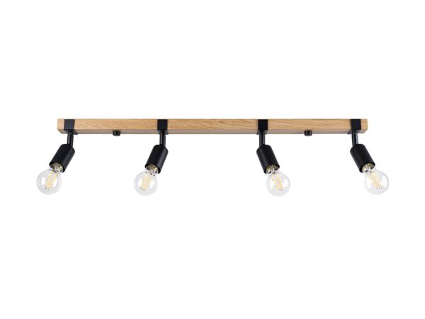 Stropní lampa s dřevěnou trámem a čtyřmi žárovkami typu Edison